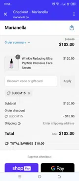 BLOOM15 coupon verification screenshot