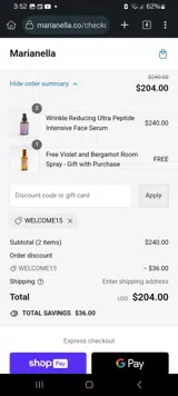 WELCOME15 coupon verification screenshot