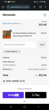 WELCOME10 coupon verification screenshot
