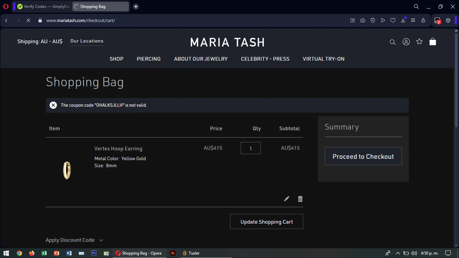 Maria Tash discount code screenshot showing code OHALKSJLLH applied at Maria Tash checkout page. Uploaded by SimplyCodes community member SavingsTiger3479 on Feb 14, 2025