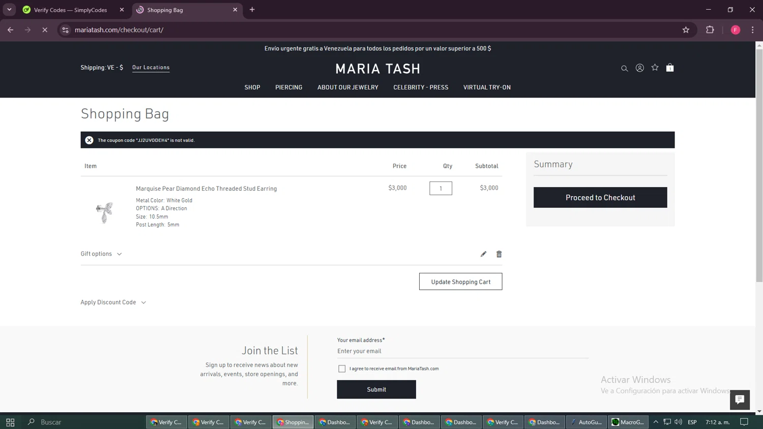 Maria Tash discount code screenshot showing code JJ2UVODEH4 applied at Maria Tash checkout page. Uploaded by SimplyCodes community member Burbuja on Mar 2, 2025