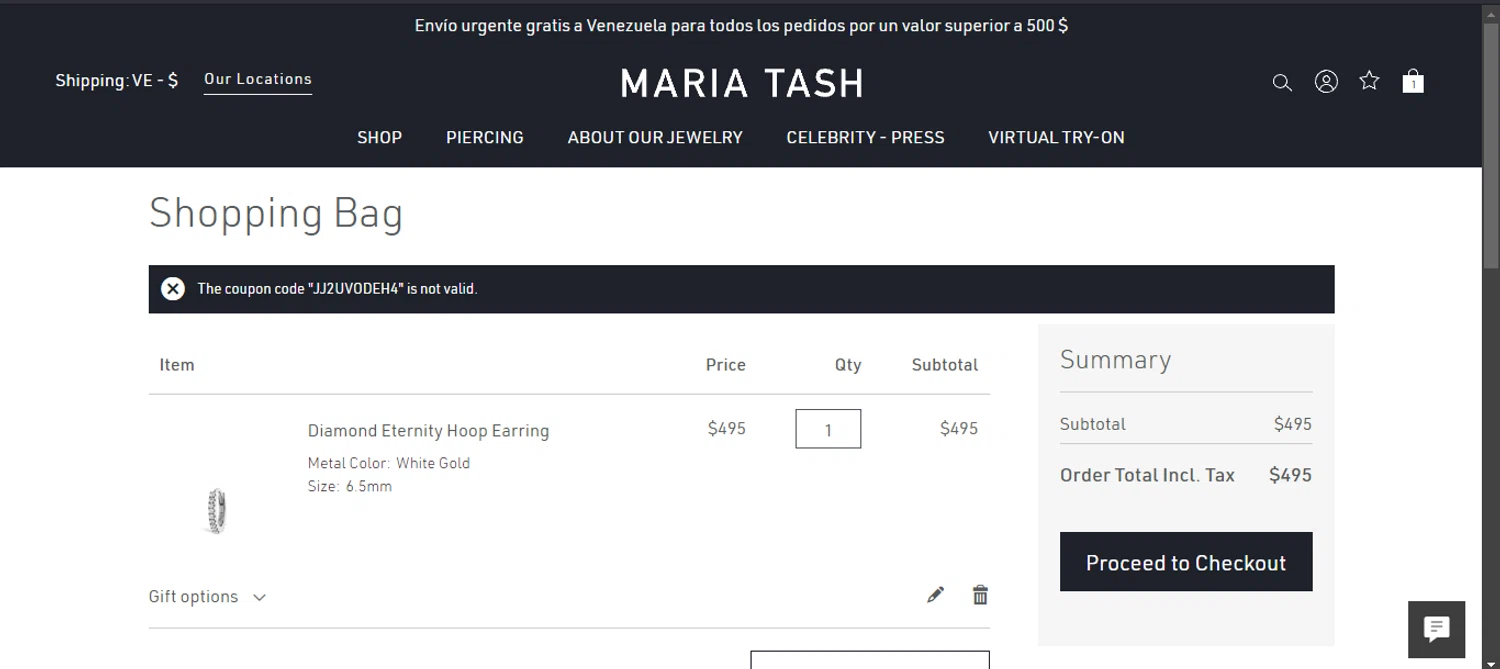 Maria Tash discount code screenshot showing code JJ2UVODEH4 applied at Maria Tash checkout page. Uploaded by SimplyCodes community member RINITOSHI on Mar 2, 2025