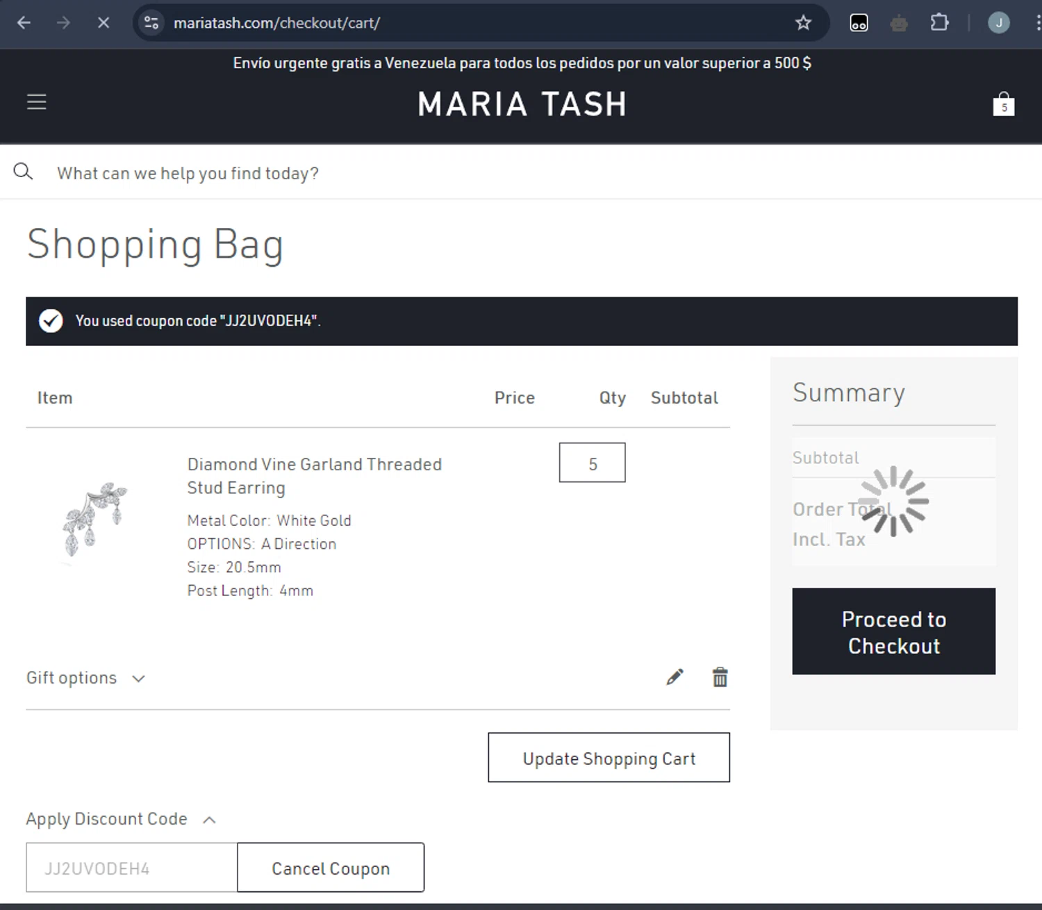 Maria Tash checkout page showing Maria Tash discount code box | Screenshot taken by SimplyCodes community member on Oct 21, 2024