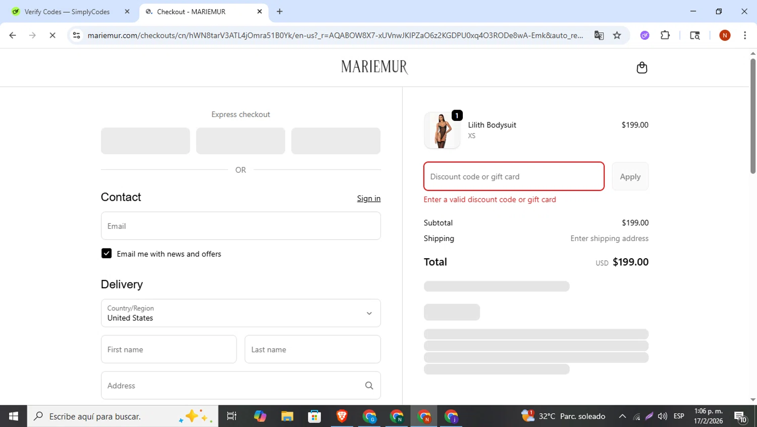 Mariemur discount code screenshot showing code BACK15 applied at Mariemur checkout page. Uploaded by SimplyCodes community member George07 on Feb 17, 2026