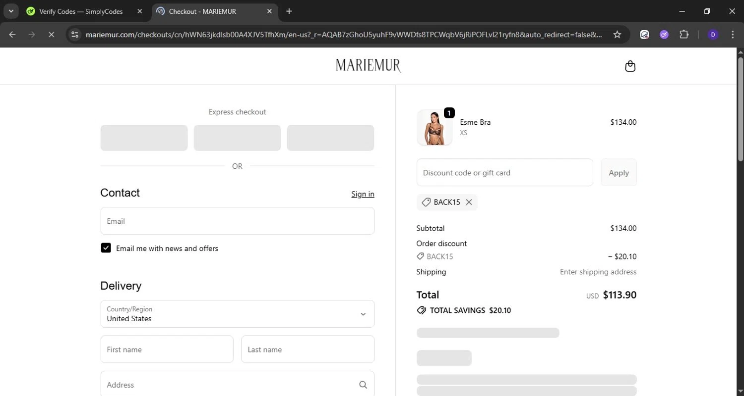 Mariemur discount code screenshot showing code BACK15 applied at Mariemur checkout page. Uploaded by SimplyCodes community member Obito6245825041527 on Dec 4, 2025