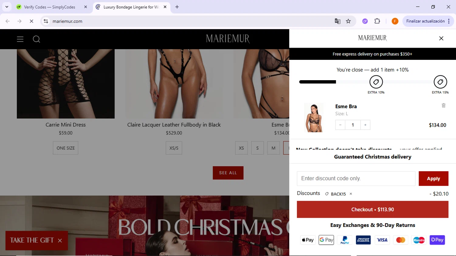 Mariemur discount code screenshot showing code BACK15 applied at Mariemur checkout page. Uploaded by SimplyCodes community member TreasureSleuth5198 on Dec 16, 2025