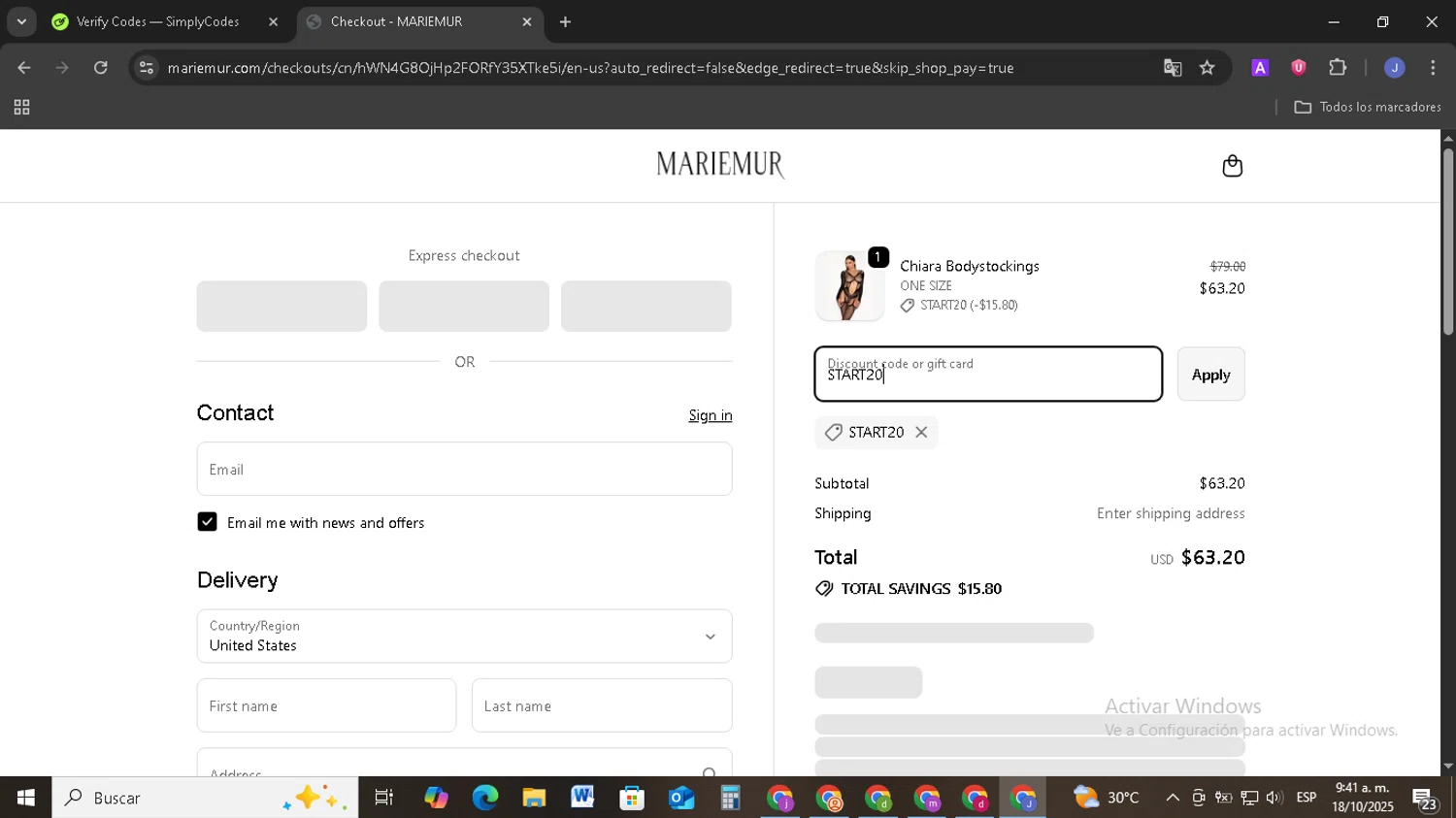 Mariemur discount code screenshot showing code START20 applied at Mariemur checkout page. Uploaded by SimplyCodes community member EpicSage3474 on Oct 18, 2025