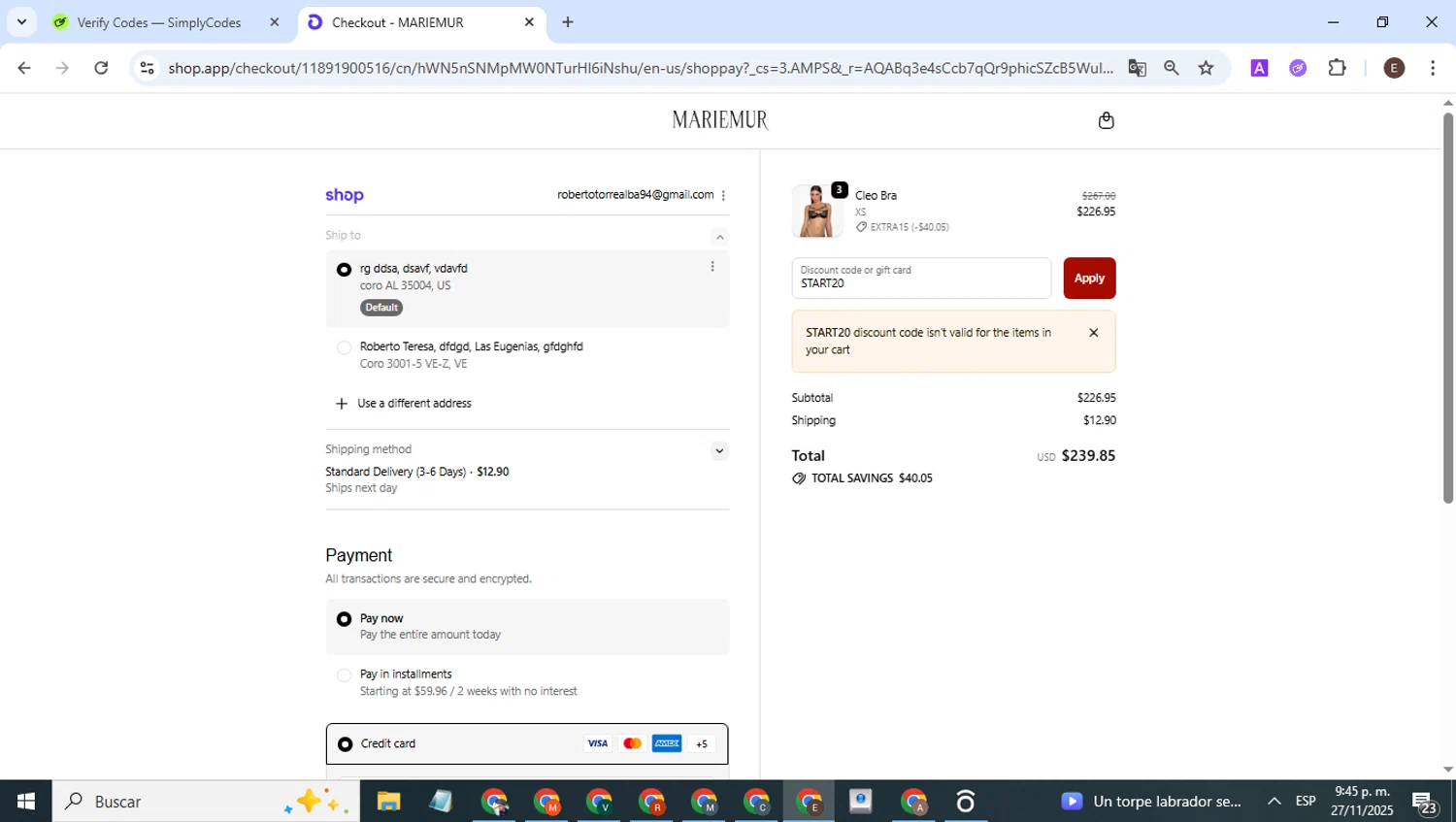 Mariemur discount code screenshot showing code START20 applied at Mariemur checkout page. Uploaded by SimplyCodes community member WonderPilot3689 on Nov 28, 2025