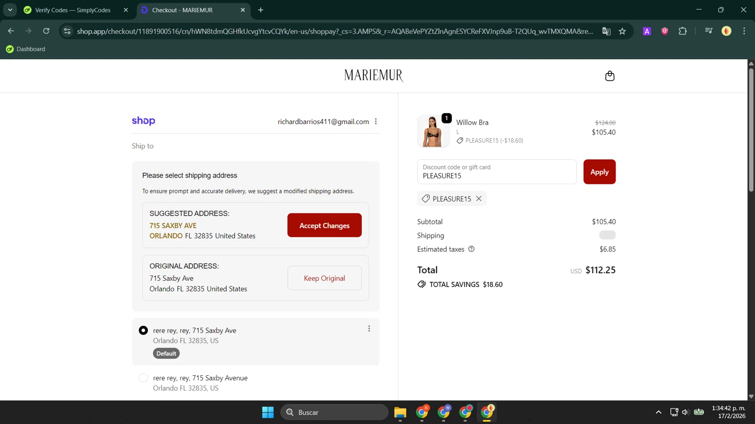 Mariemur checkout page showing Mariemur discount code box | Screenshot taken by SimplyCodes community member on Feb 17, 2026