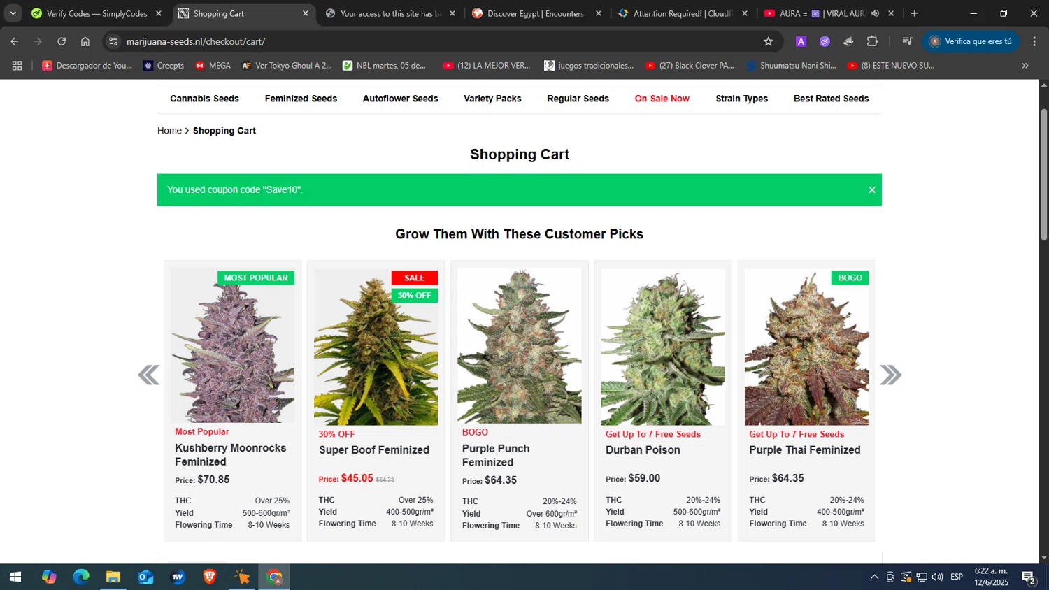 Marijuana Seeds promo code screenshot showing code Save10 applied at Marijuana Seeds checkout page. Uploaded by SimplyCodes community member JuanChi on Jun 12, 2025