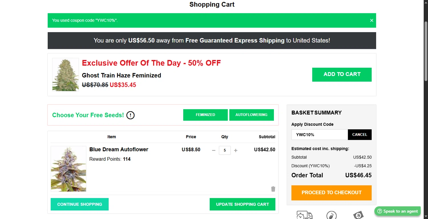 Marijuana Seeds promo code screenshot showing code YWC10% applied at Marijuana Seeds checkout page. Uploaded by SimplyCodes community member RewardLion6202 on Jun 6, 2025