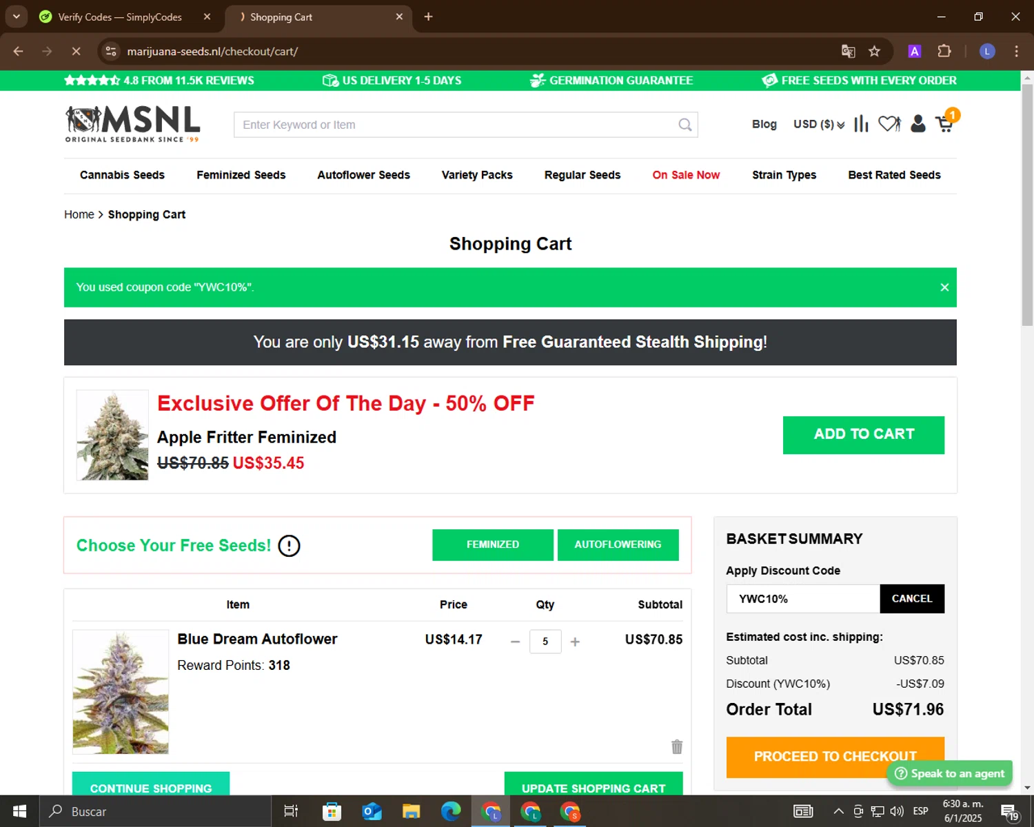 Marijuana Seeds promo code screenshot showing code YWC10% applied at Marijuana Seeds checkout page. Uploaded by SimplyCodes community member LuckyEagle5535 on Jan 6, 2025