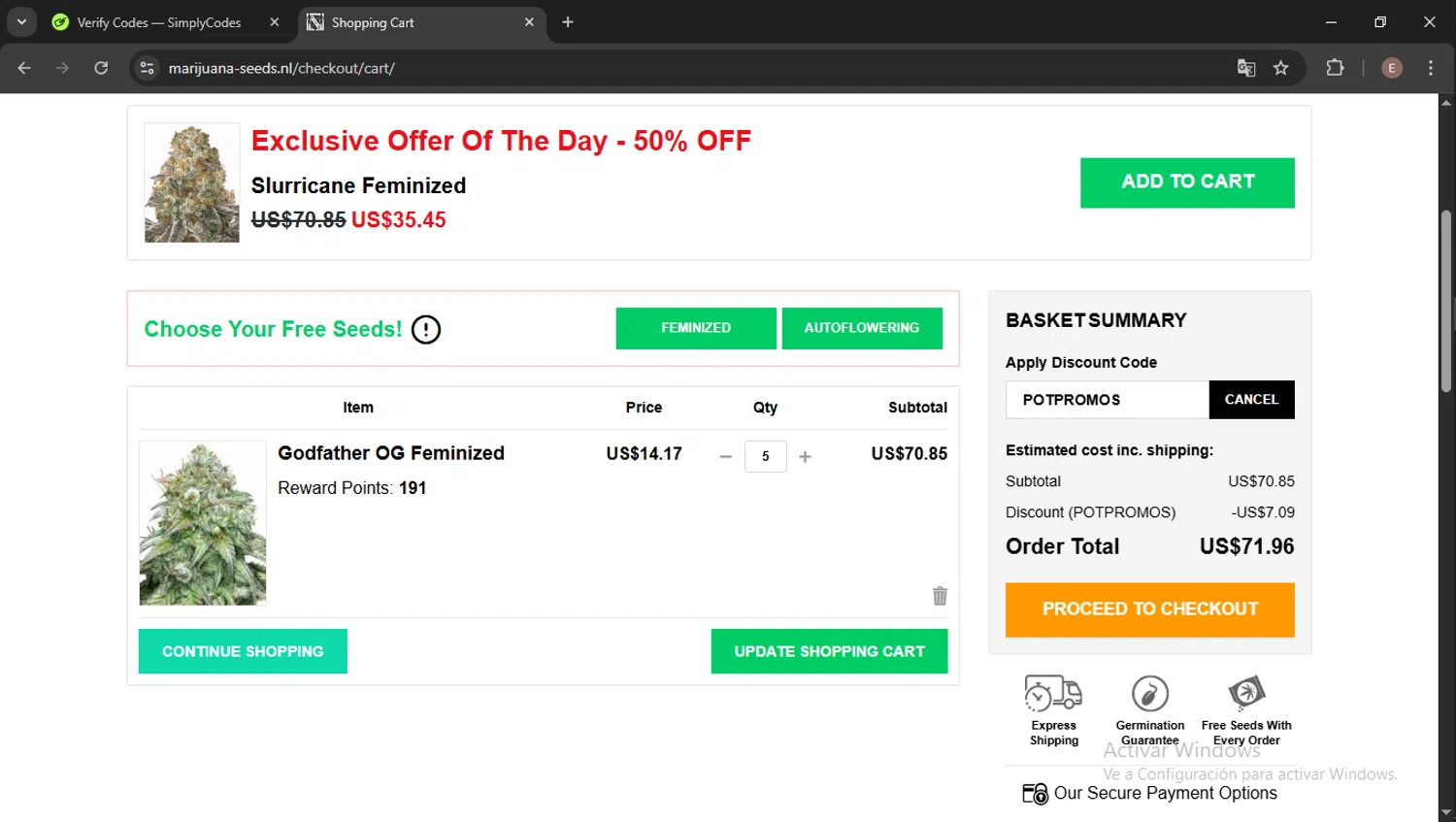 Marijuana Seeds promo code screenshot showing code POTPROMOS applied at Marijuana Seeds checkout page. Uploaded by SimplyCodes community member Esteban14 on May 26, 2025