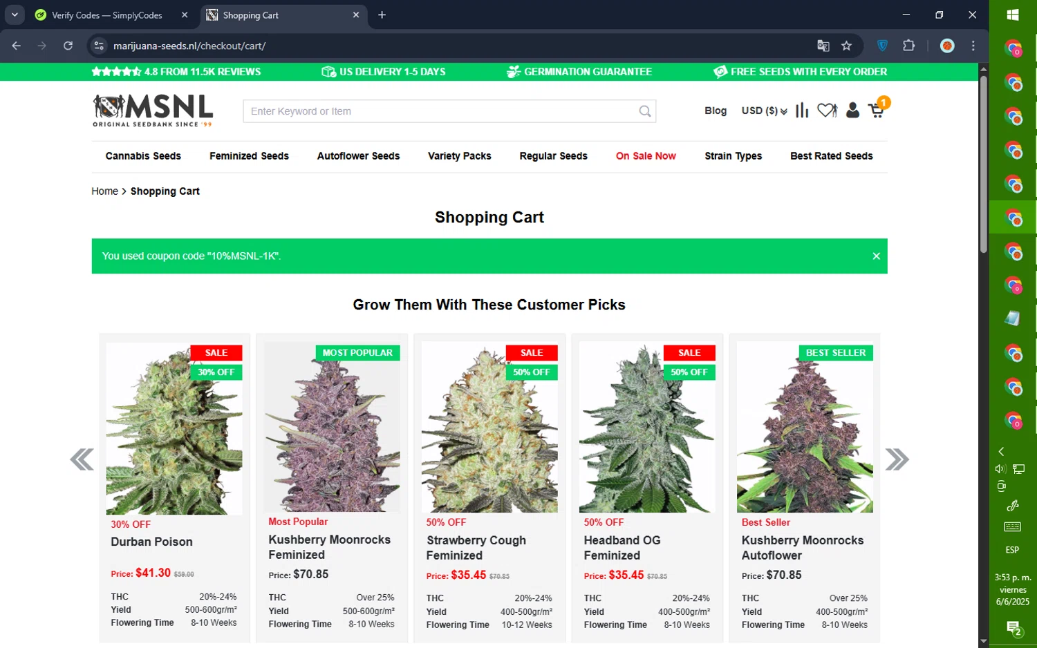 Marijuana Seeds promo code screenshot showing code 10%MSNL-1K applied at Marijuana Seeds checkout page. Uploaded by SimplyCodes community member GoldPilot5958 on Jun 6, 2025