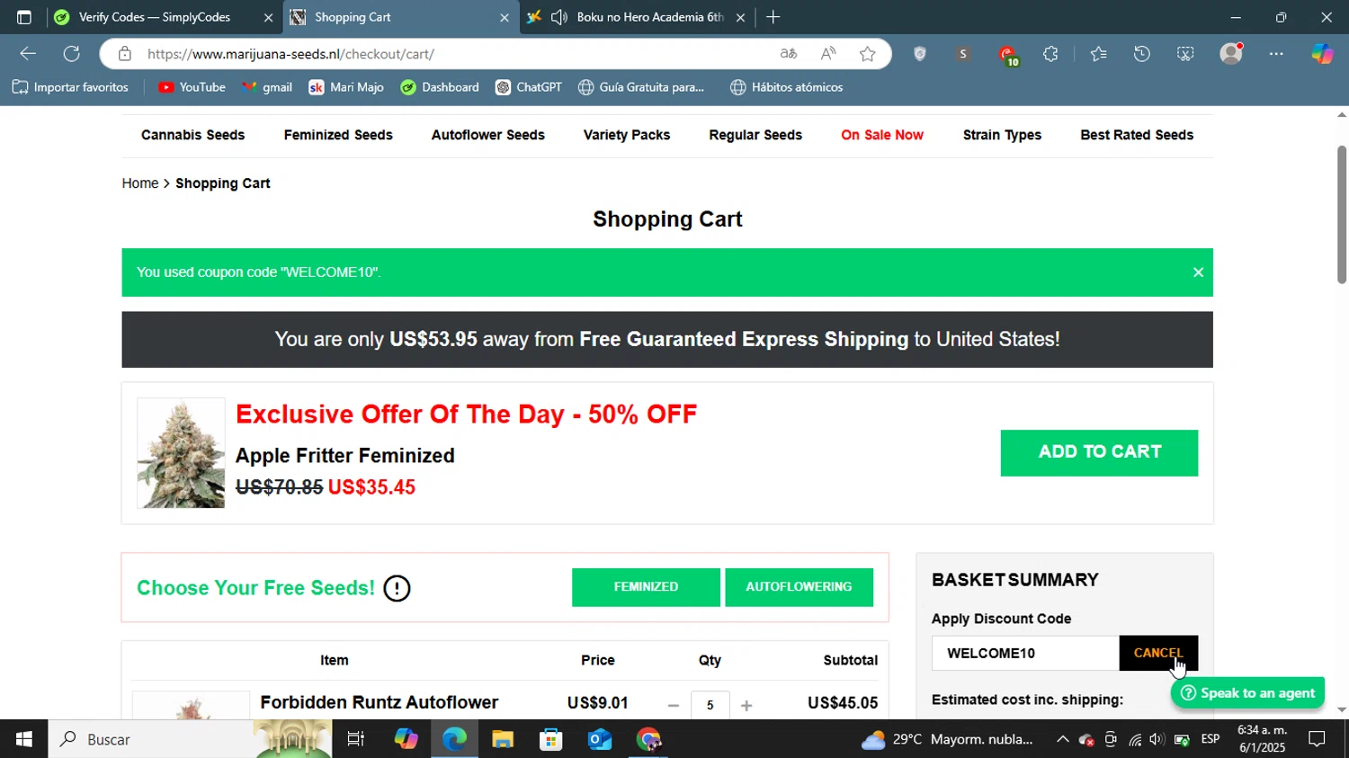 Marijuana Seeds promo code screenshot showing code WELCOME10 applied at Marijuana Seeds checkout page. Uploaded by SimplyCodes community member ShieldGenius127 on Jan 6, 2025