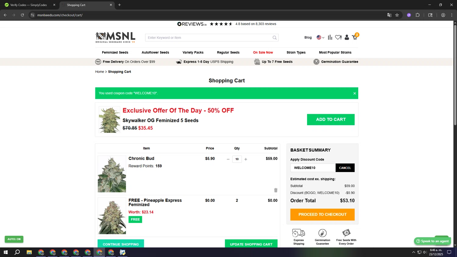 Marijuana Seeds promo code screenshot showing code WELCOME10 applied at Marijuana Seeds checkout page. Uploaded by SimplyCodes community member fffffffffffffffffff on Dec 23, 2025
