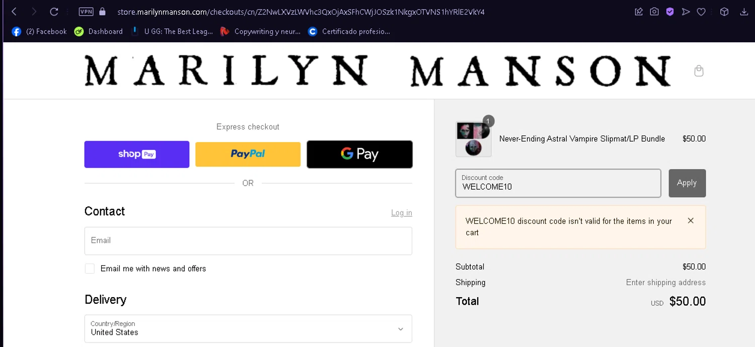 Marilyn Manson checkout page showing Marilyn Manson discount code box | Screenshot taken by SimplyCodes community member on May 8, 2024