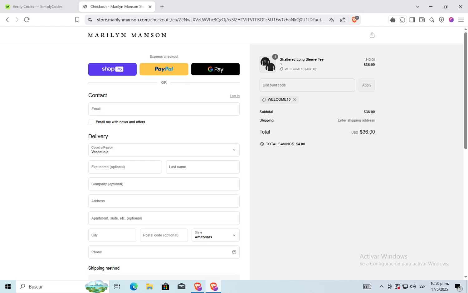 Marilyn Manson discount code screenshot showing code WELCOME10 applied at Marilyn Manson checkout page. Uploaded by SimplyCodes community member Puta_madre10 on May 18, 2025