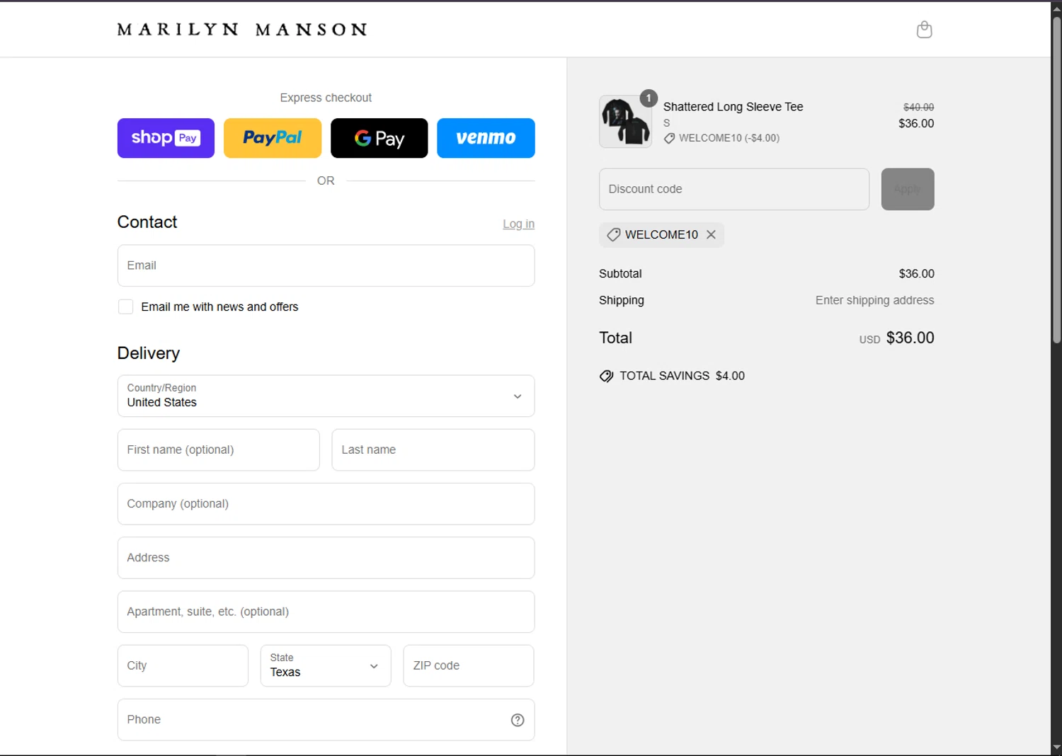 Marilyn Manson discount code screenshot showing code WELCOME10 applied at Marilyn Manson checkout page. Uploaded by SimplyCodes community member SalePhoenix2220 on Jun 29, 2025