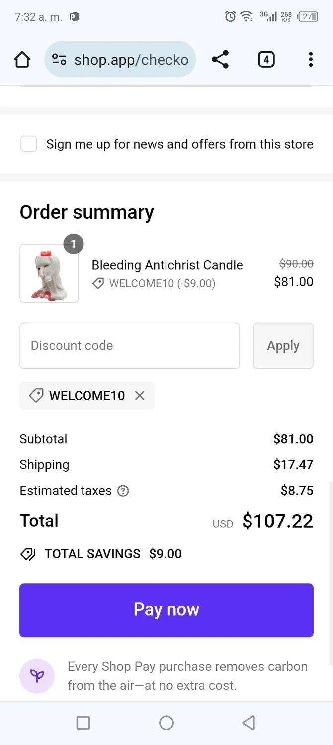 Marilyn Manson checkout page showing Marilyn Manson discount code box | Screenshot taken by SimplyCodes community member on Jun 6, 2024