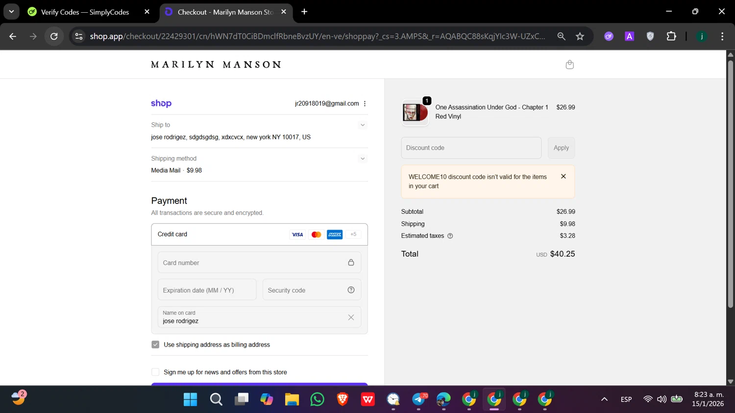 Marilyn Manson discount code screenshot showing code WELCOME10 applied at Marilyn Manson checkout page. Uploaded by SimplyCodes community member hanzell2 on Jan 15, 2026