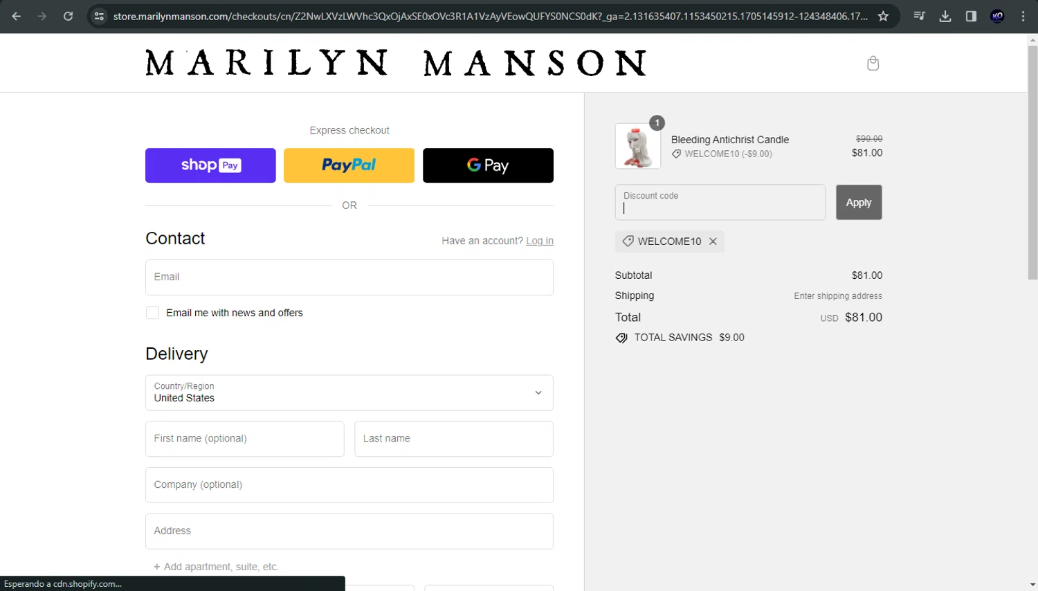 Marilyn Manson checkout page showing Marilyn Manson discount code box | Screenshot taken by SimplyCodes community member on Jan 13, 2024