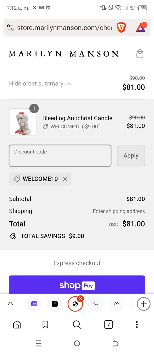 Marilyn Manson checkout page showing Marilyn Manson discount code box | Screenshot taken by SimplyCodes community member on Feb 11, 2024