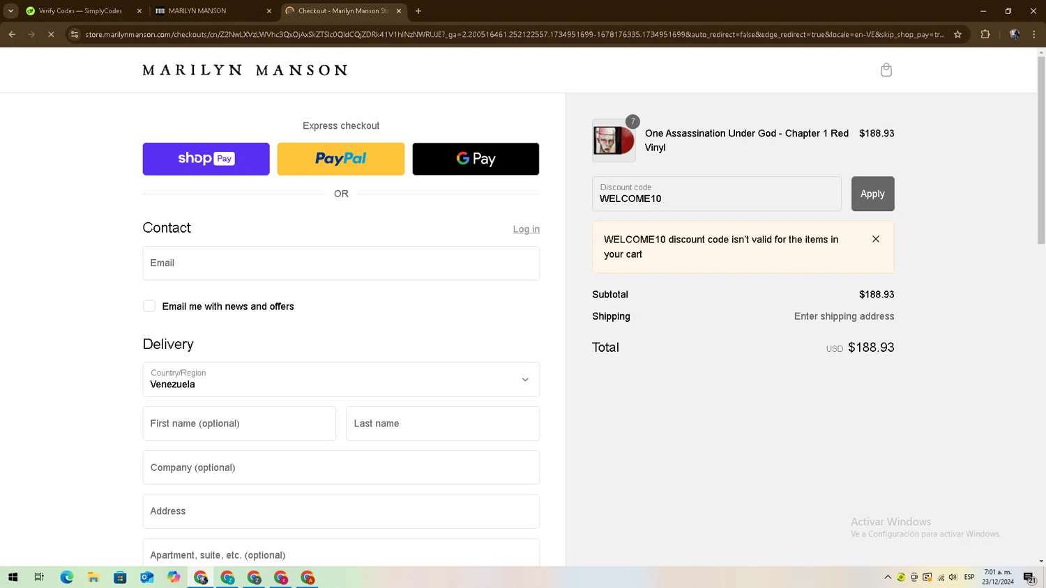 Marilyn Manson checkout page showing Marilyn Manson discount code box | Screenshot taken by SimplyCodes community member on Dec 23, 2024