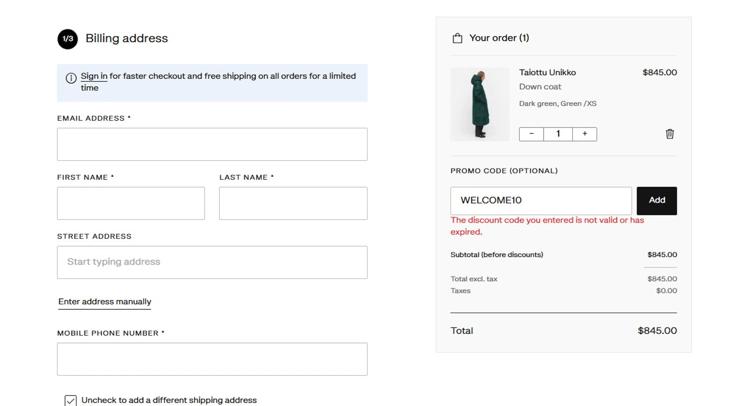 Marimekko promo code screenshot showing code WELCOME10 applied at Marimekko checkout page. Uploaded by SimplyCodes community member Moonkey on Nov 2, 2025