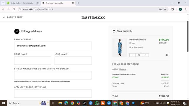Marimekko checkout page showing Marimekko promo code box | Screenshot taken by SimplyCodes community member on Aug 15, 2025