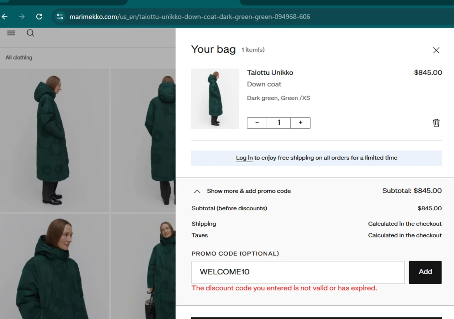 Marimekko promo code screenshot showing code WELCOME10 applied at Marimekko checkout page. Uploaded by SimplyCodes community member samuelgomez2 on Nov 2, 2025