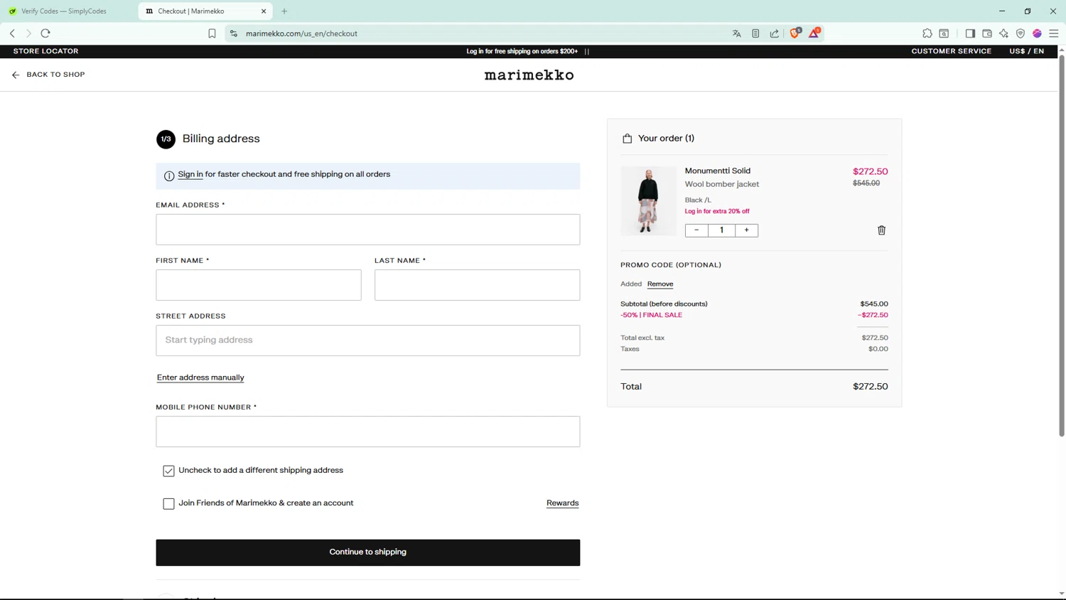 Marimekko checkout page showing Marimekko promo code box | Screenshot taken by SimplyCodes community member on Jan 17, 2026