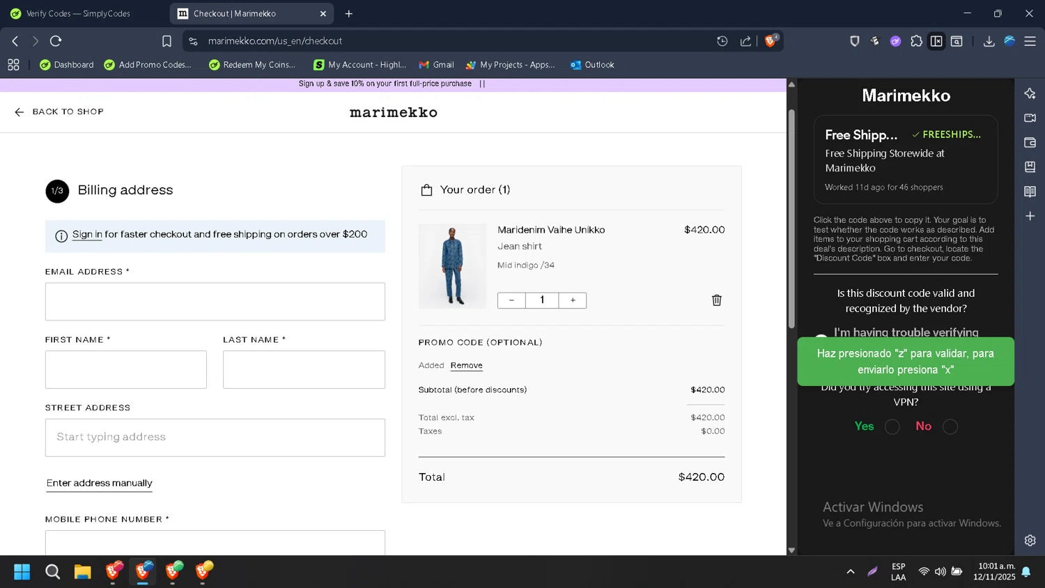 Marimekko promo code screenshot showing code FREESHIPSMS applied at Marimekko checkout page. Uploaded by SimplyCodes community member HugoChavez1 on Nov 12, 2025