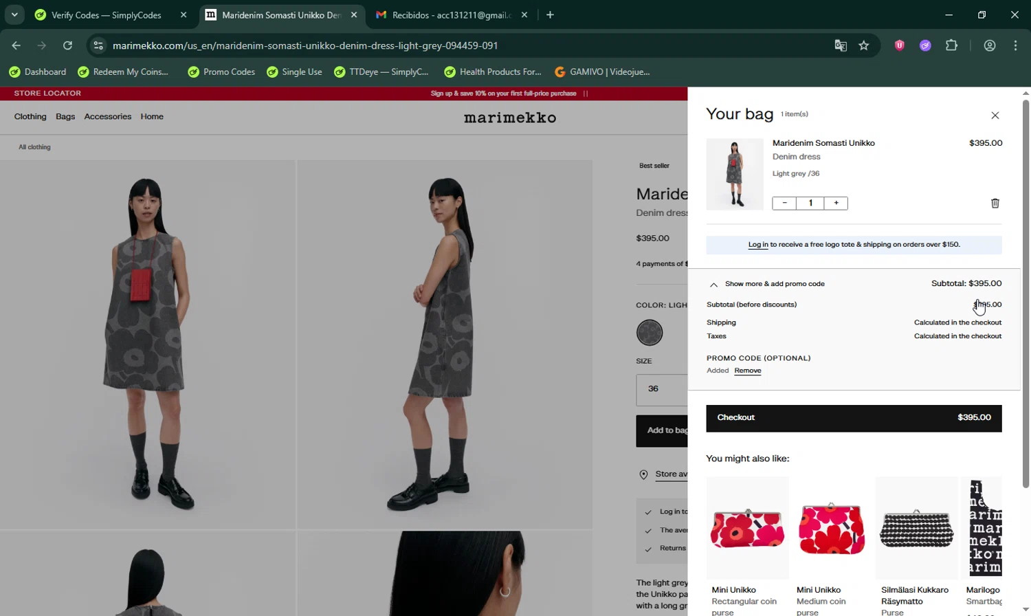 Marimekko promo code screenshot showing code FREESHIPSMS applied at Marimekko checkout page. Uploaded by SimplyCodes community member LHaunter on Oct 10, 2025
