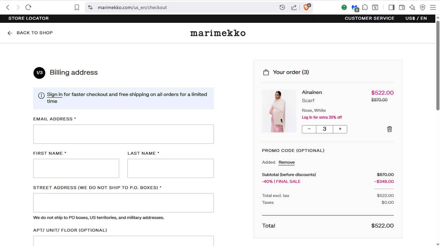 Marimekko promo code screenshot showing code FREESHIPSMS applied at Marimekko checkout page. Uploaded by SimplyCodes community member dayselis15 on Aug 28, 2025