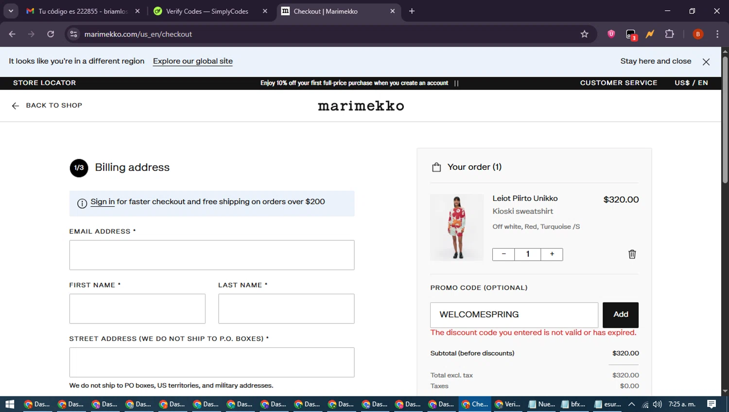 Marimekko promo code screenshot showing code WELCOMESPRING applied at Marimekko checkout page. Uploaded by SimplyCodes community member DiscountExpert6435 on Jun 11, 2025