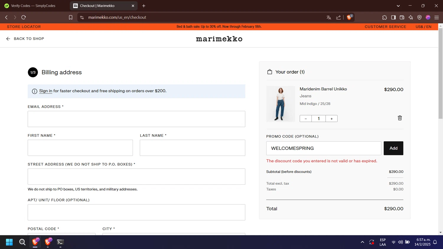 Marimekko promo code screenshot showing code WELCOMESPRING applied at Marimekko checkout page. Uploaded by SimplyCodes community member esperanza on Feb 14, 2025