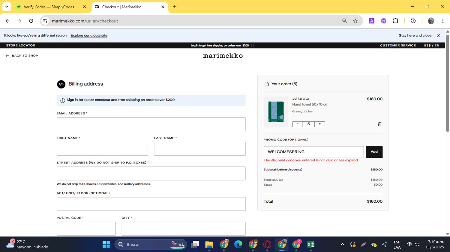 Marimekko promo code screenshot showing code WELCOMESPRING applied at Marimekko checkout page. Uploaded by SimplyCodes community member YunoMaria on Jun 11, 2025