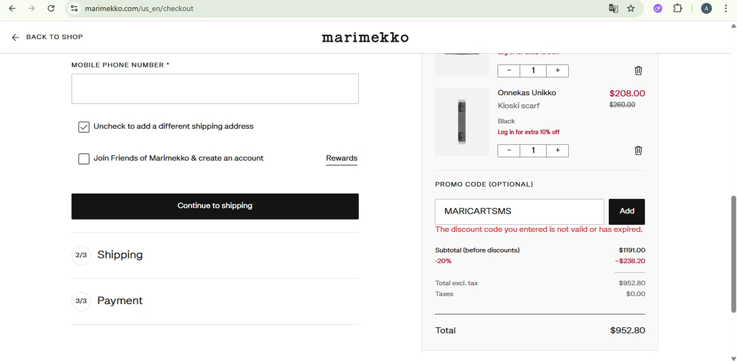 Marimekko promo code screenshot showing code MARICARTSMS applied at Marimekko checkout page. Uploaded by SimplyCodes community member SaleSentinel7319 on Sep 20, 2025