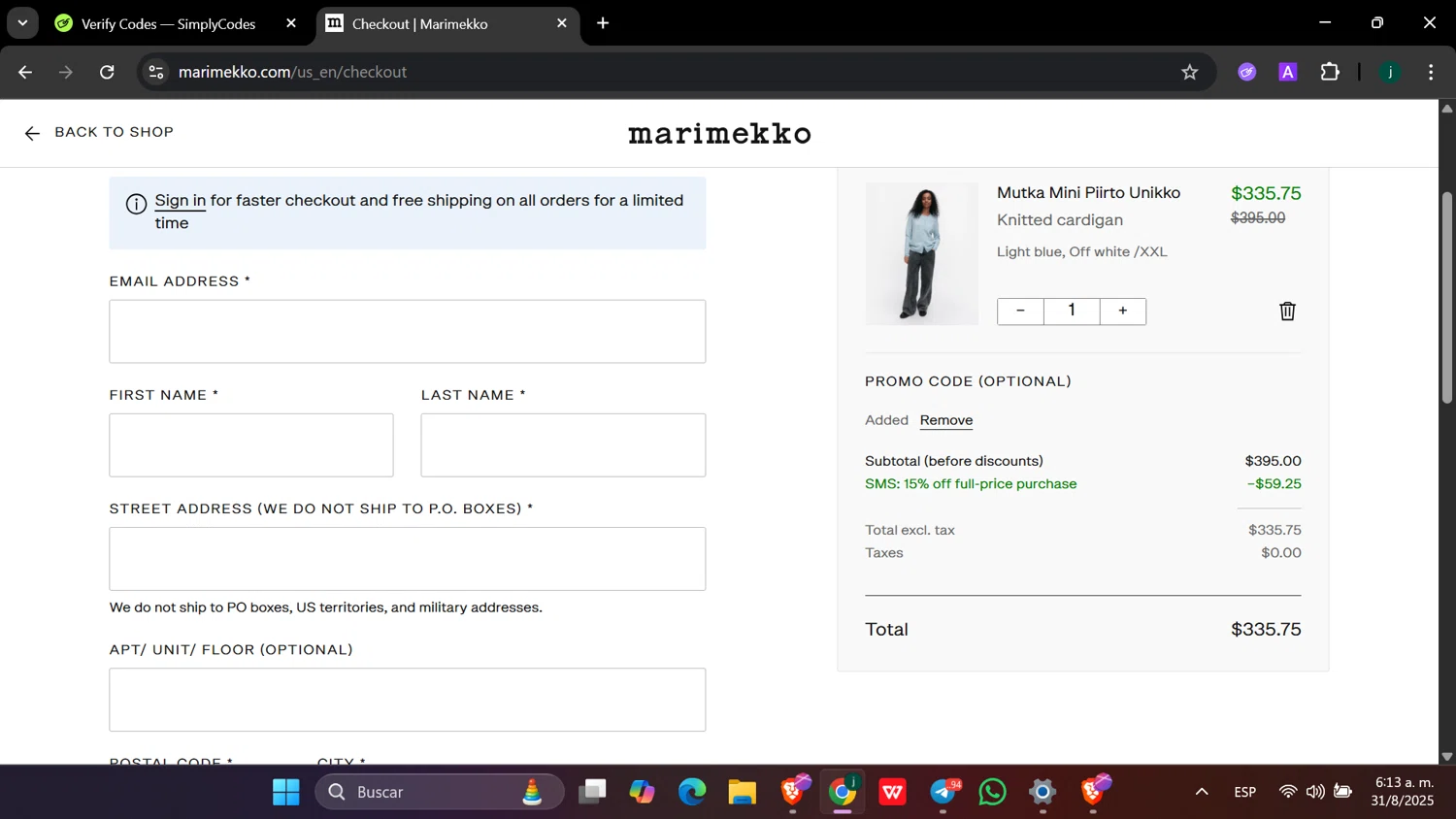 Marimekko promo code screenshot showing code HELLOSMS15 applied at Marimekko checkout page. Uploaded by SimplyCodes community member hanzell03 on Aug 31, 2025