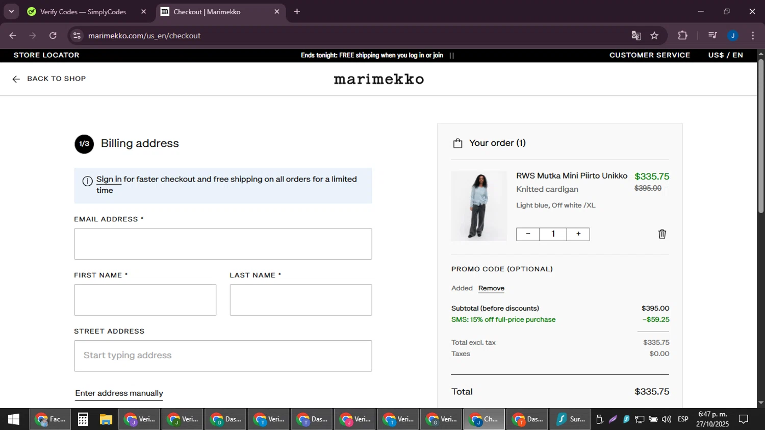Marimekko promo code screenshot showing code HELLOSMS15 applied at Marimekko checkout page. Uploaded by SimplyCodes community member noesmith34ur on Oct 27, 2025