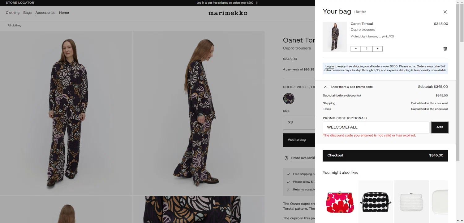 Marimekko promo code screenshot showing code WELCOMEFALL applied at Marimekko checkout page. Uploaded by SimplyCodes community member CleverHawk1744 on Sep 17, 2025
