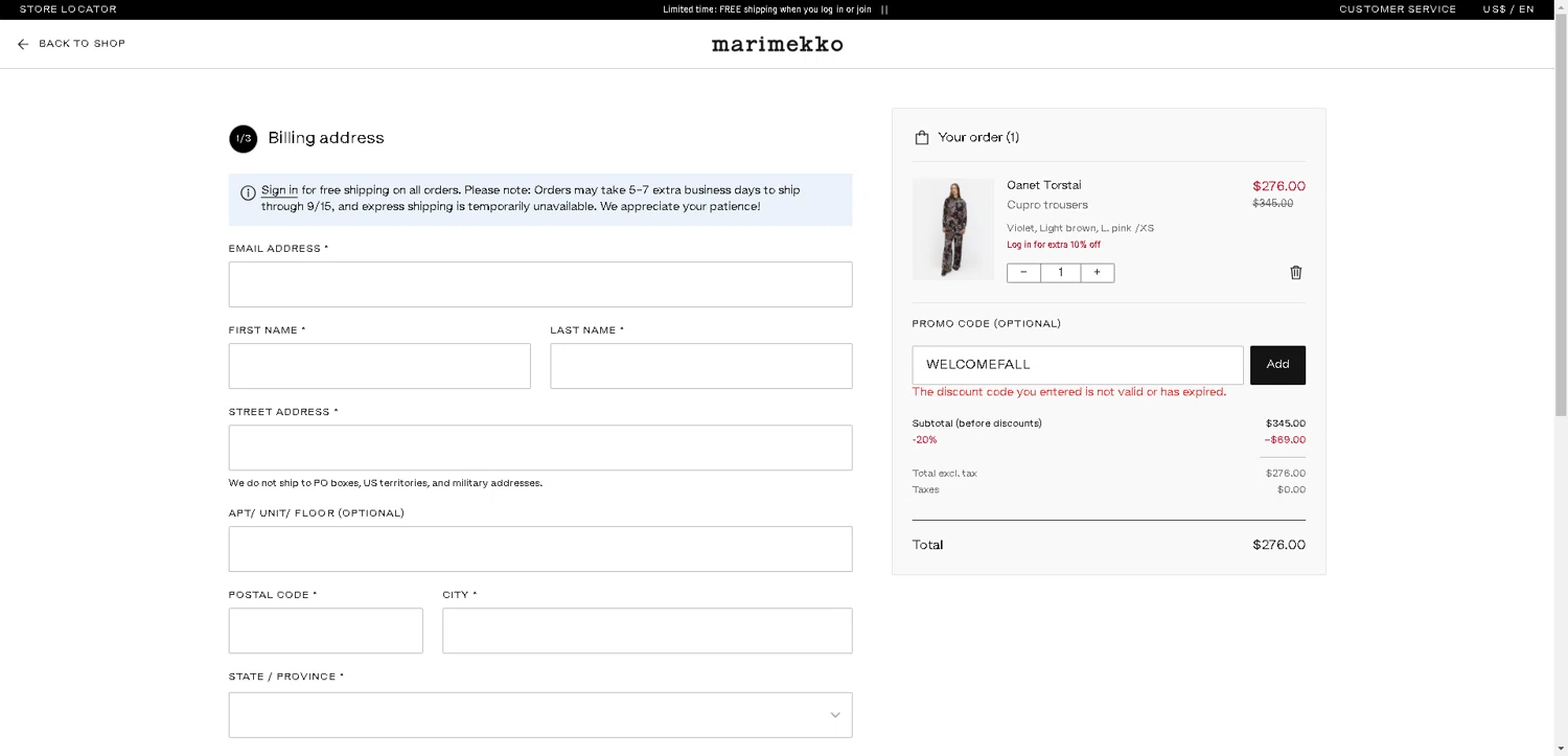 Marimekko promo code screenshot showing code WELCOMEFALL applied at Marimekko checkout page. Uploaded by SimplyCodes community member SwiftLynx7415 on Sep 19, 2025