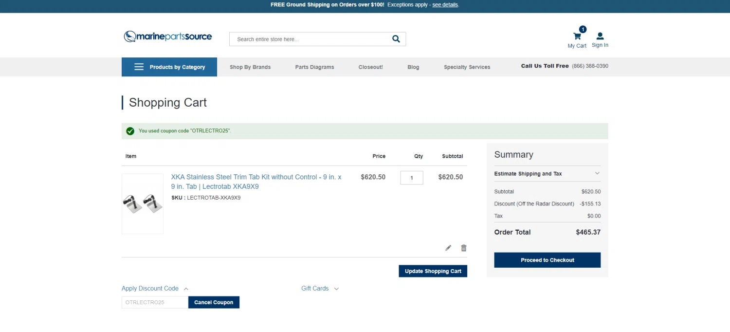 Marine Parts Source checkout page showing Marine Parts Source discount code box | Screenshot taken by SimplyCodes community member on Apr 11, 2023