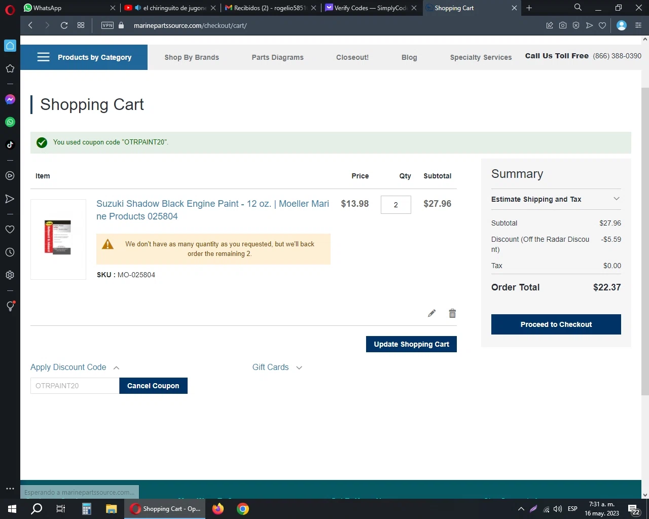 Marine Parts Source checkout page showing Marine Parts Source discount code box | Screenshot taken by SimplyCodes community member on May 16, 2023
