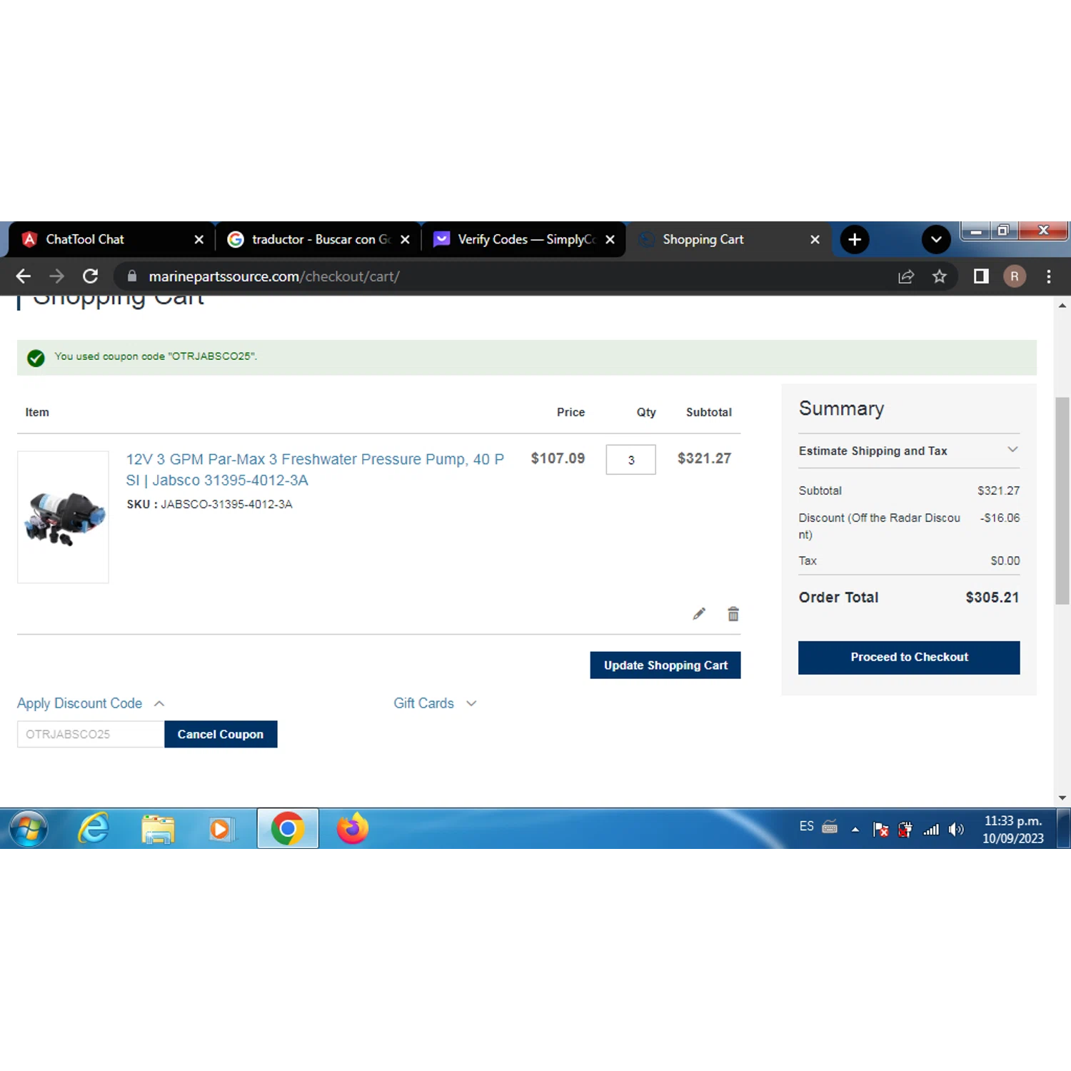 Marine Parts Source checkout page showing Marine Parts Source discount code box | Screenshot taken by SimplyCodes community member on Sep 11, 2023
