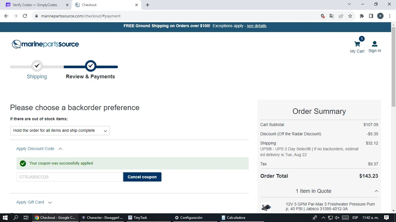Marine Parts Source checkout page showing Marine Parts Source discount code box | Screenshot taken by SimplyCodes community member on Aug 17, 2023