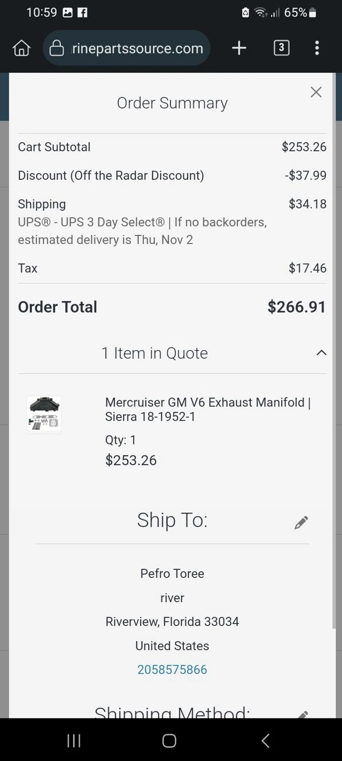 Marine Parts Source checkout page showing Marine Parts Source discount code box | Screenshot taken by SimplyCodes community member on Oct 28, 2023