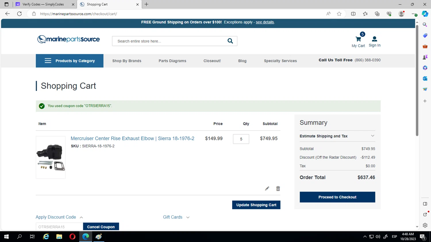 Marine Parts Source checkout page showing Marine Parts Source discount code box | Screenshot taken by SimplyCodes community member on Oct 28, 2023