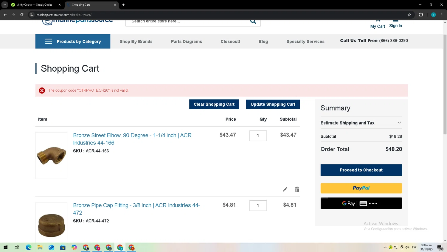 Marine Parts Source discount code screenshot showing code OTRPROTECH20 applied at Marine Parts Source checkout page. Uploaded by SimplyCodes community member Zxdqui on Jan 31, 2025